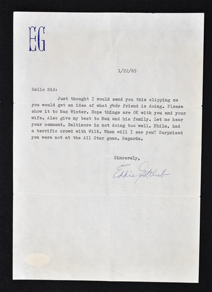 Eddie Gottlieb 1965 Signed Letter to Sid Hartman 