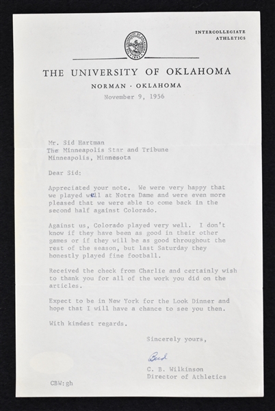 Bud Wilkinson 1956 Oklahoma Sooners Signed Letter to Sid Hartman 