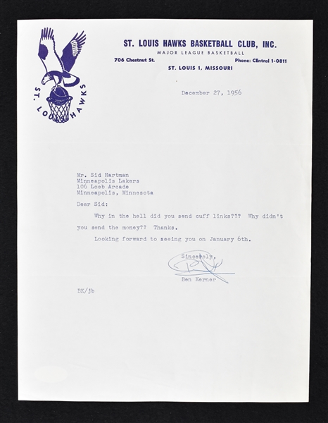 Ben Kerner 1956 St. Louis Hawks Signed Letter to Sid Hartman 