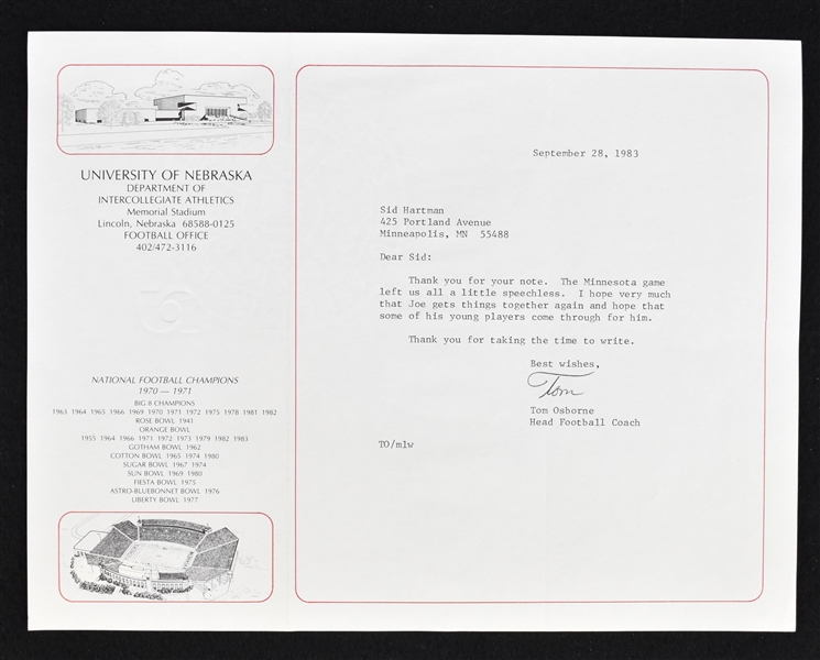 Tom Osborne 1983 Nebraska Cornhuskers Signed Letter to Sid Hartman 