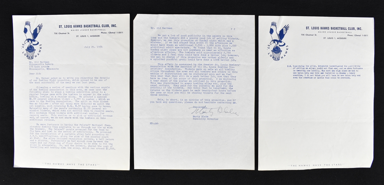 Marty Blake 1956 St. Louis Hawks Signed Letter to Sid Hartman 