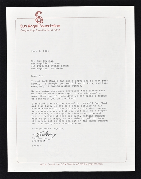 Dan Devine 1986 ASU Signed Letter to Sid Hartman 