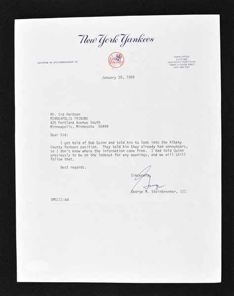 George Steinbrenner 1989 New York Yankees Signed Letter to Sid Hartman 