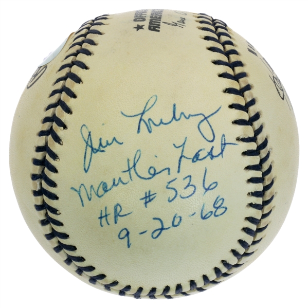Randy Gumpert & Jim Lonborg Autographed Inscribed Mickey Mantle 1st & 536th Home Run Baseball  