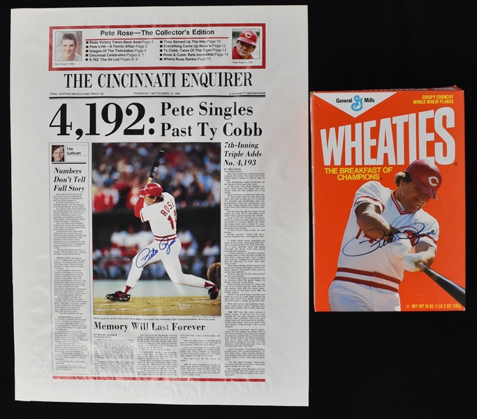 Pete Rose Autographed September 12, 1985 Cincinnati Enquirer 4,192 Sports Page & Wheaties Box
