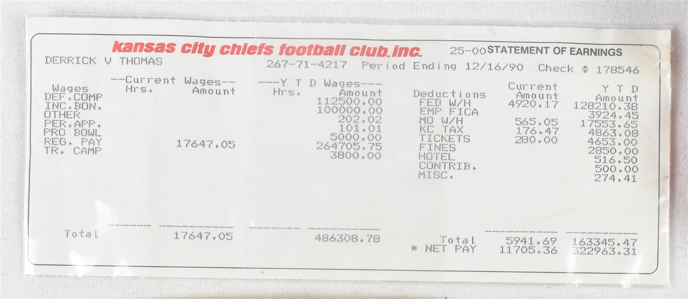 Derrick Thomas Earnings Statement Acquired From DTs Mother