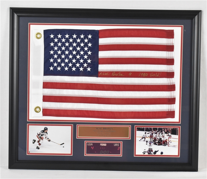 Neal Broten Autographed 22x26 USA Flag Framed Display 