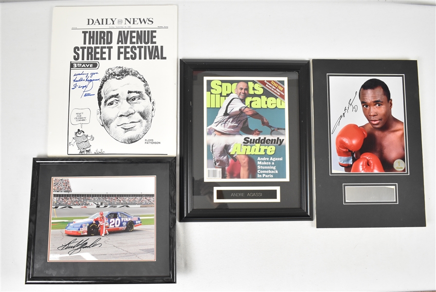 Collection of 4 Autographs w/Floyd Patterson Andre Agassi & Sugar Ray Leonard