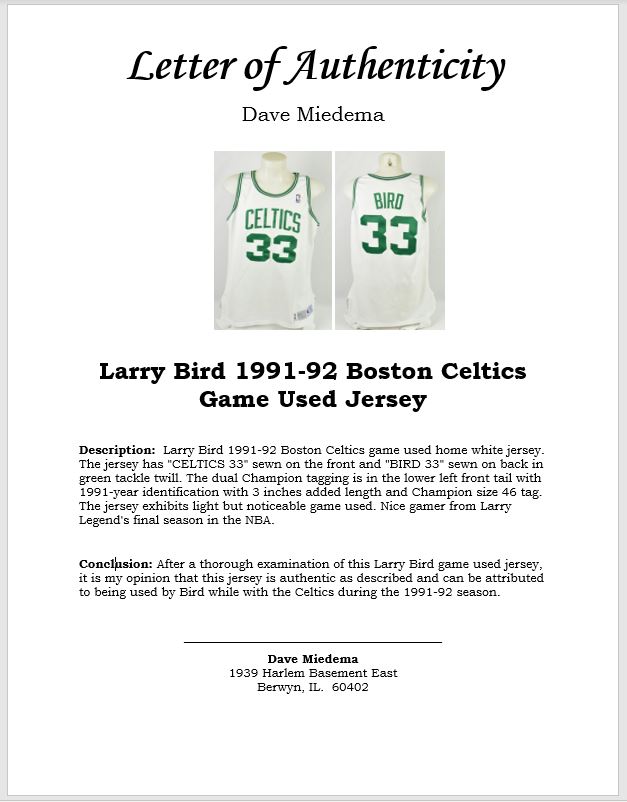 1991-92 Larry Bird Game Worn Boston Celtics Jersey.  Basketball