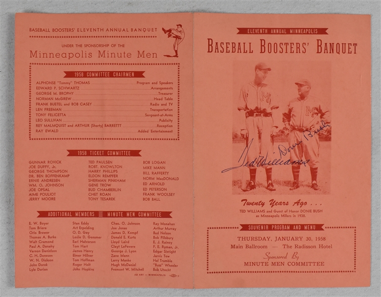 Minneapolis Millers 1958 Autographed Banquet Program w/Ted Williams