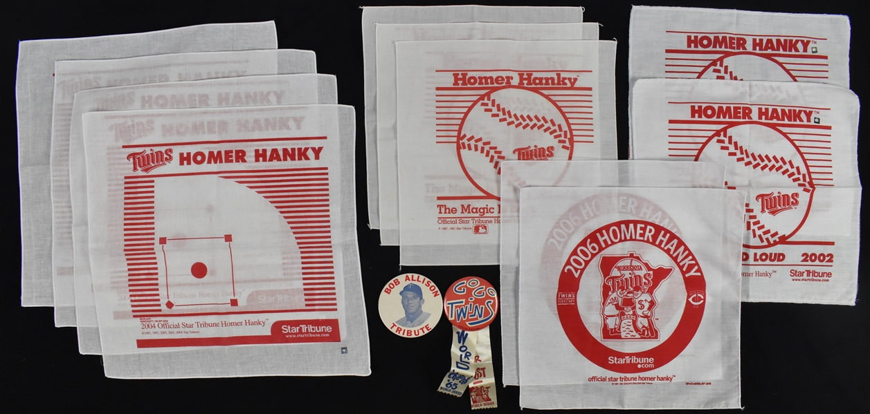 Collection of Minnesota Twins Homer Hankies & Vintage 1965 Pinback Buttons