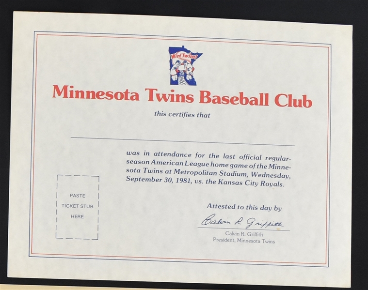 Minnesota Twins Last Game Certificate From Metropolitan Stadium