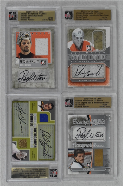 Bernie Parent Phil Esposito Gerry Cheevers & Ron Hextall Lot of 4 Autographed Hockey Cards