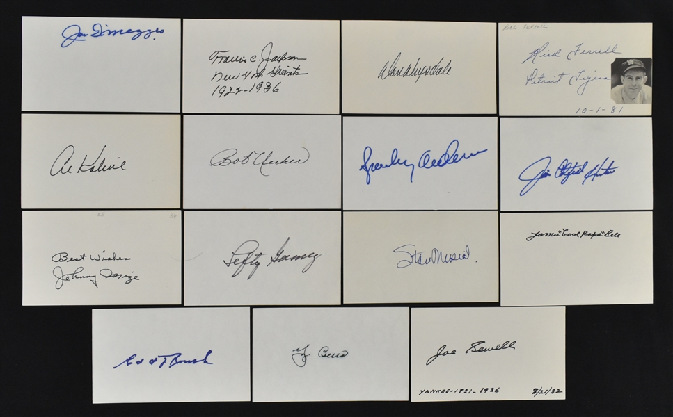 Collection of 15 Autographed Index Cards w/Joe DiMaggio Stan Musial & Yogi Berra