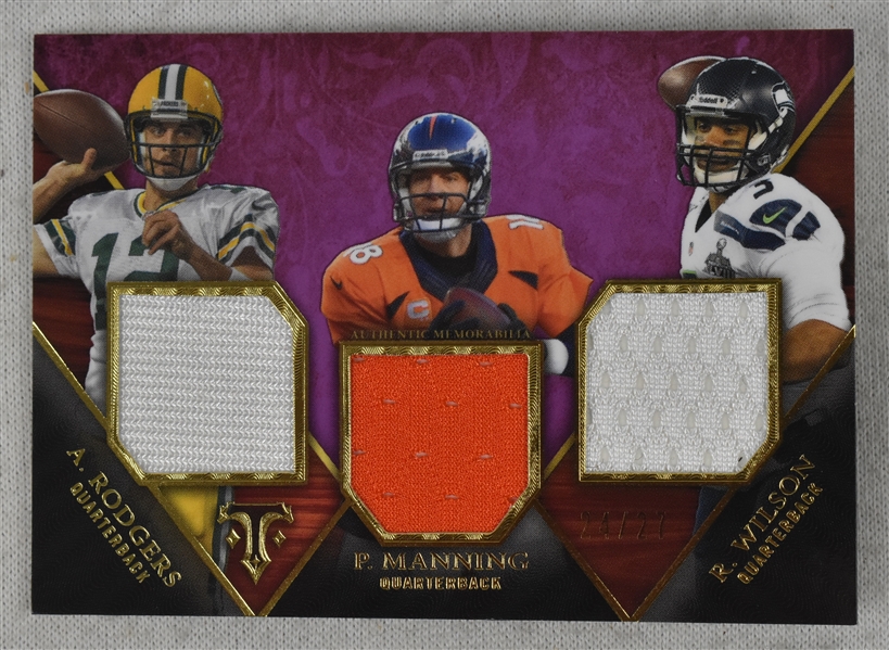 Aaron Rodgers Peyton Manning & Russell Wilson 2014 Topps Game Used Jersey Relic Card