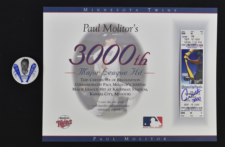 Paul Molitor Autographed 3,000 Hit Ticket & Button