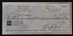 Kirby Puckett Signed Personal Check 