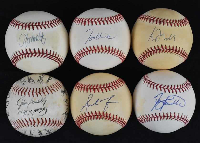 Collection of 5 Autographed Atlanta Braves Baseballs w/Greg Maddux & Tom Glavine