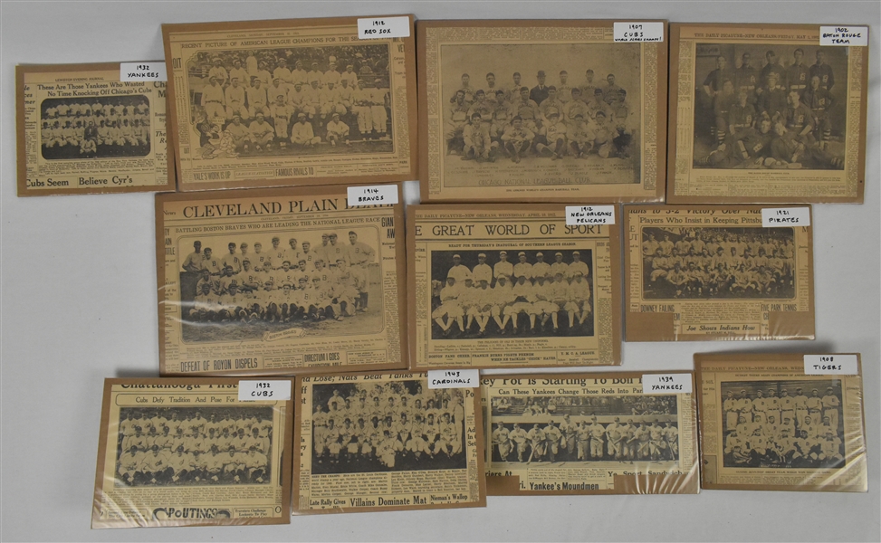 Collection of 11 Vintage Newspaper Team Photos w/1907 Cubs 1912 Red Sox & 1932 Yankees