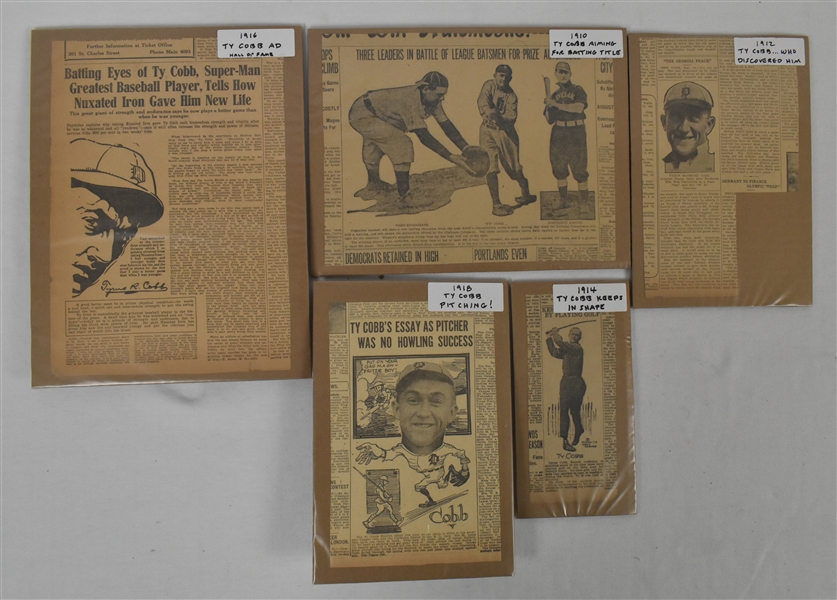 Collection of 5 Vintage Ty Cobb Newspapers