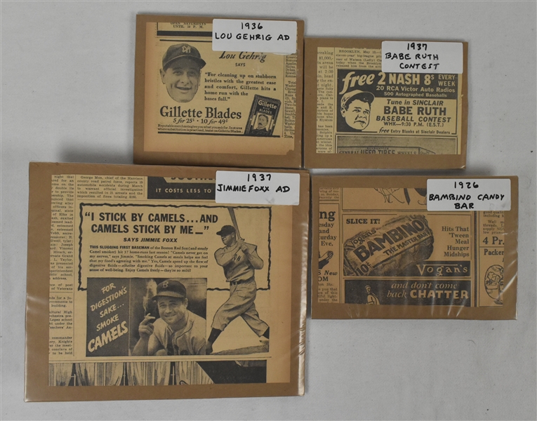 Collection of 4 Vintage Newspaper Ads w/Babe Ruth Lou Gehrig & Jimmie Foxx