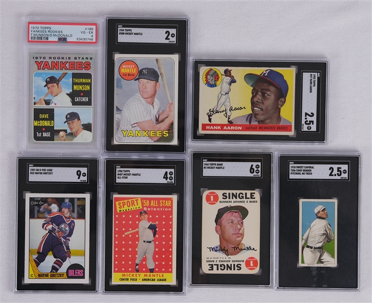Collection of 7 Graded Cards w/ 1969 Topps Mickey Mantle & T206 Chief Bender