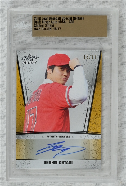 Shohei Ohtani Autographed 2018 Leaf Baseball Special Release Draft Silver Rookie Gold Parallel Card #15/17 