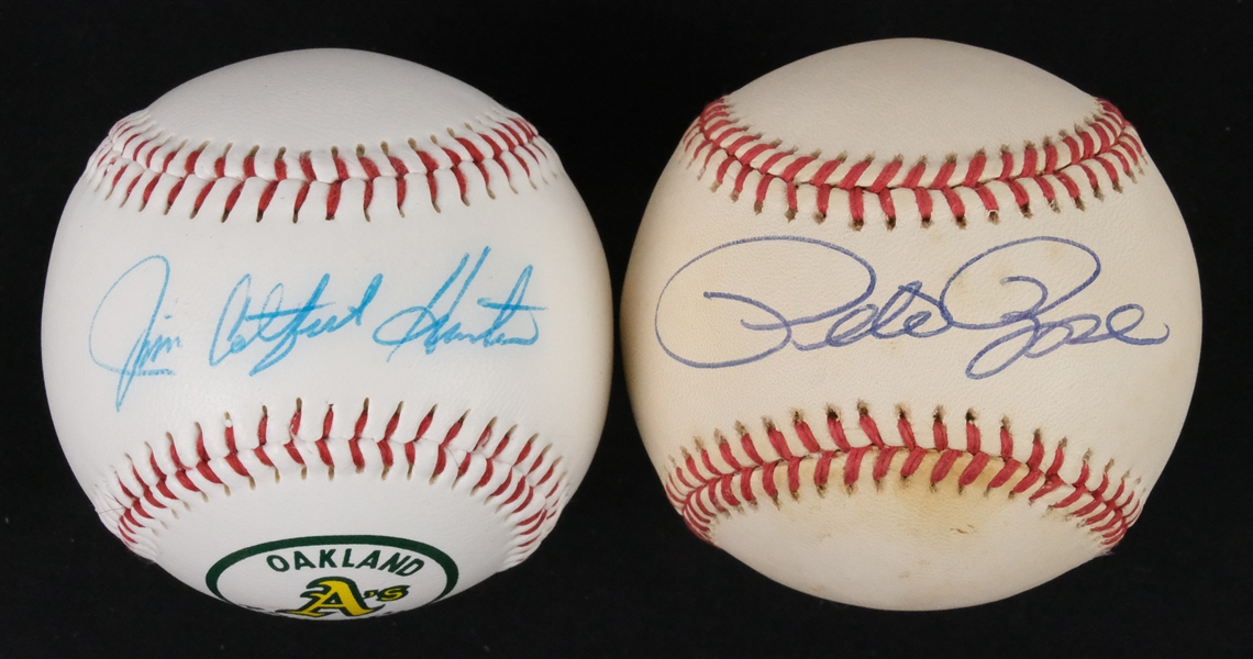 Pete Rose & Jim Catfish Hunter Lot of 2 Autographed Baseballs JSA
