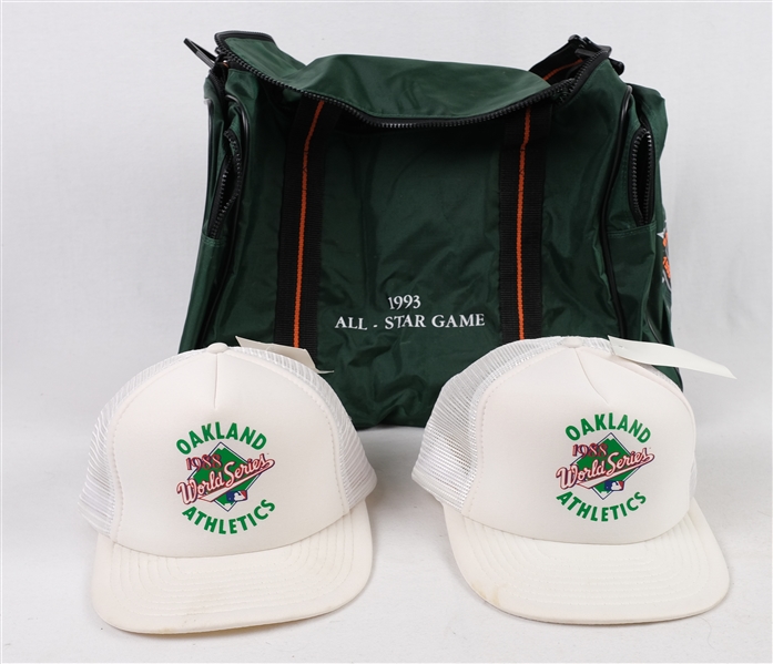 Vintage 1988 Oakland As World Series Hats & 1993 All-Star Game Duffle Bag