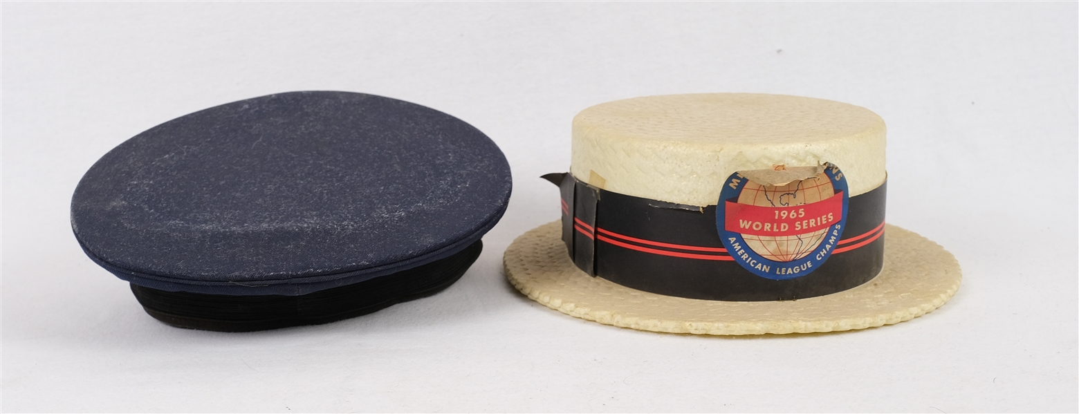 Vintage 1965 Minnesota Twins World Series Straw Hat & Met Stadium Ushers Hat