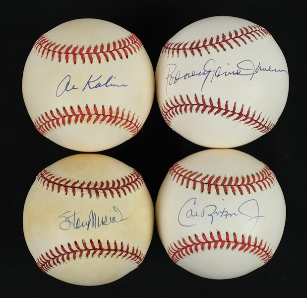 Lot of 4 Autographed 3,000 Hit Club Baseballs w/Stan Musial Cal Ripken Jr. & Rare Rod Carew Full Sig Ball Signed "Rodney Cline Carew"