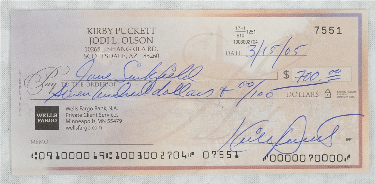 Kirby Puckett Signed Personal Check #7551