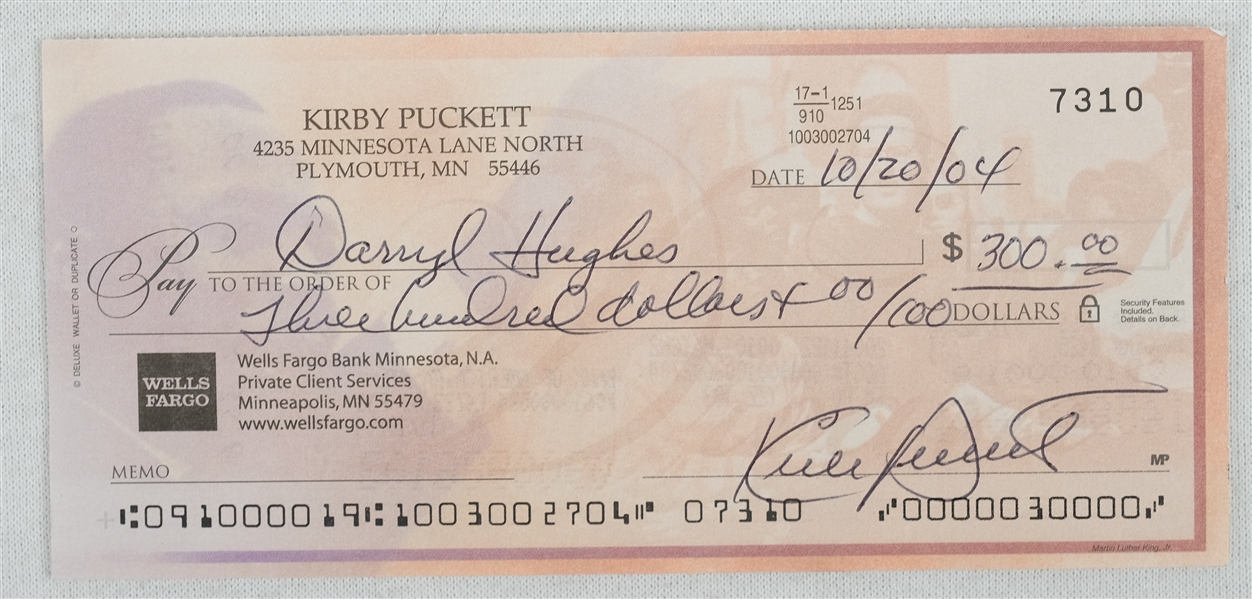 Kirby Puckett Signed Personal Check #7310