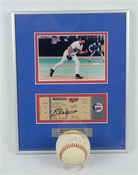 Eric Milton Game Used & Autographed No-Hitter Baseball & Ticket Stub
