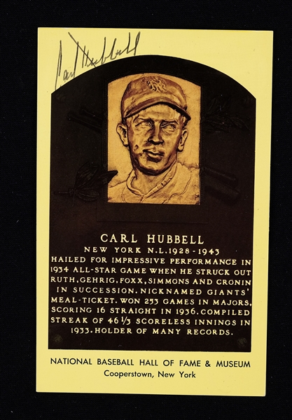 Carl Hubbell Autographed Hall of Fame Plaque Postcard JSA
