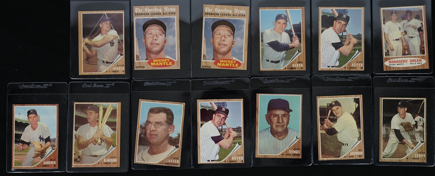 Collection of 1962 Topps Baseball Cards w/Mickey Mantle Yogi Berra & Roger Maris