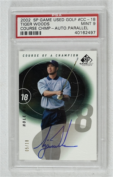 Tiger Woods 2002 SP Game Used Golf Autographed Card #CC-18 Parallel Limited Edition #5/18 PSA 9 MINT
