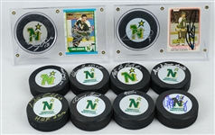 Collection of 12 Autographed North Stars Hockey Pucks & Cards w/ Dino Ciccarelli