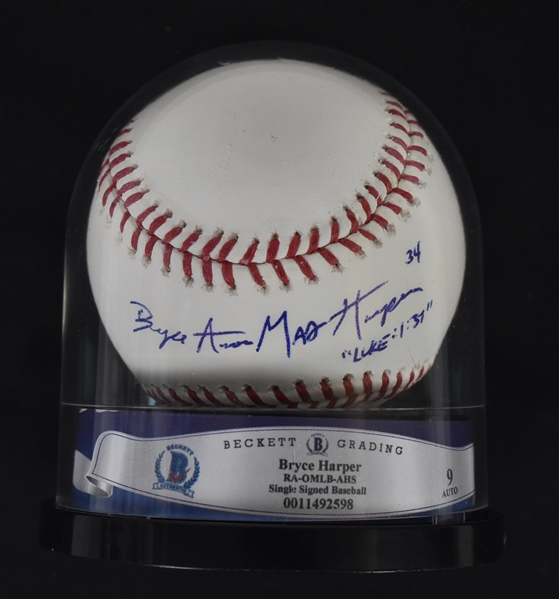 Bryce Harper RARE Full Name Autographed & Inscribed Baseball Beckett Graded 9 Mint