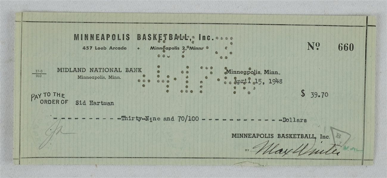 Max Winter & Sid Hartman Minneapolis Lakers Signed Check From 1948 No. 660