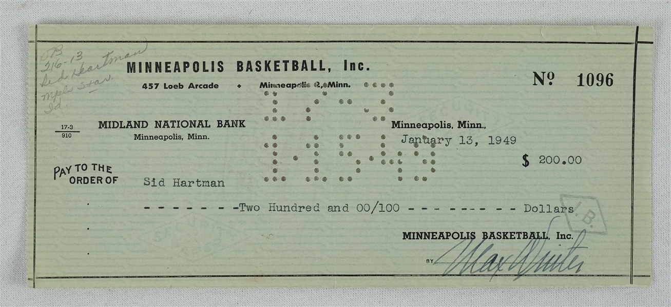 Max Winter & Sid Hartman Minneapolis Lakers Signed Check From 1949 No. 1096