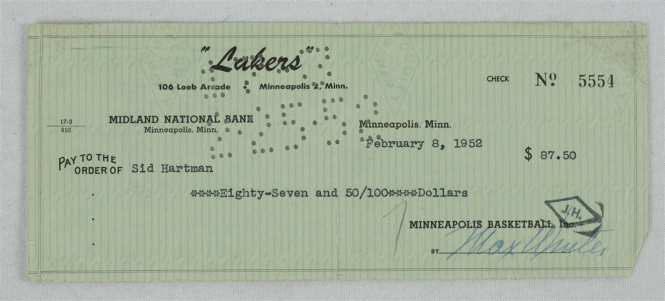 Max Winter & Sid Hartman Minneapolis Lakers Signed Check From 1952 No. 5554