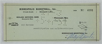 Max Winter & Sid Hartman Minneapolis Lakers Signed Check From 1951 No. 4593