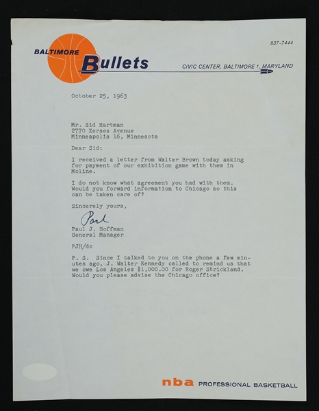 Paul Hoffman Baltimore Bullets Signed Letter to Sid Hartman JSA