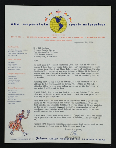 Abe Saperstein Harlem Globetrotters Signed Letter to Sid Hartman JSA