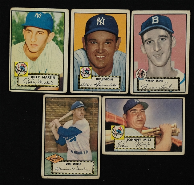 Vintage 1952 Topps Collection of 5 Baseball Cards w/Warren Spahn & Billy Martin