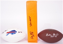 Lot of 3 Billy Shaw Autographed & Inscribed Buffalo Bills Footballs & Pylon