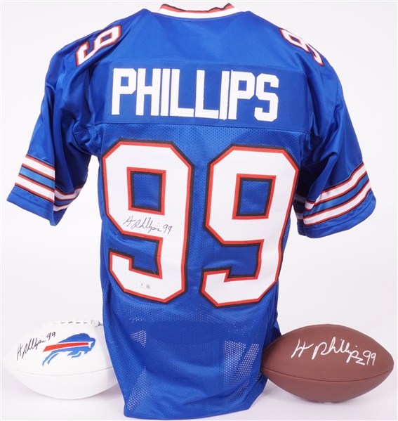 Lot of 3 Harrison Phillips Autographed Buffalo Bills Footballs and Blue Jersey Beckett
