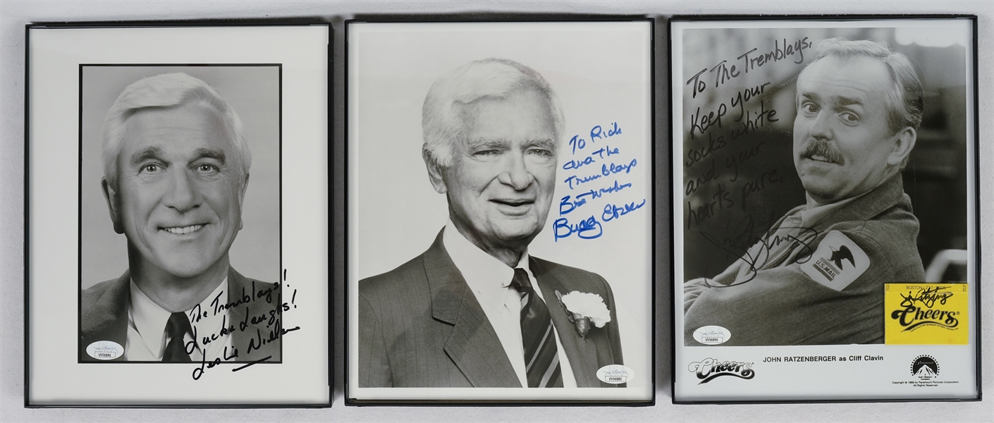 Lot of 3 Autographed 8x10 Photos w/John Ratzenberger Buddy Ebsen & Leslie Nielsen JSA
