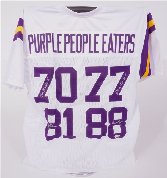 Purple People Eaters - Page, Marshall, Eller, Larsen Autographed Minnesota Vikings Replica White Jersey Beckett
